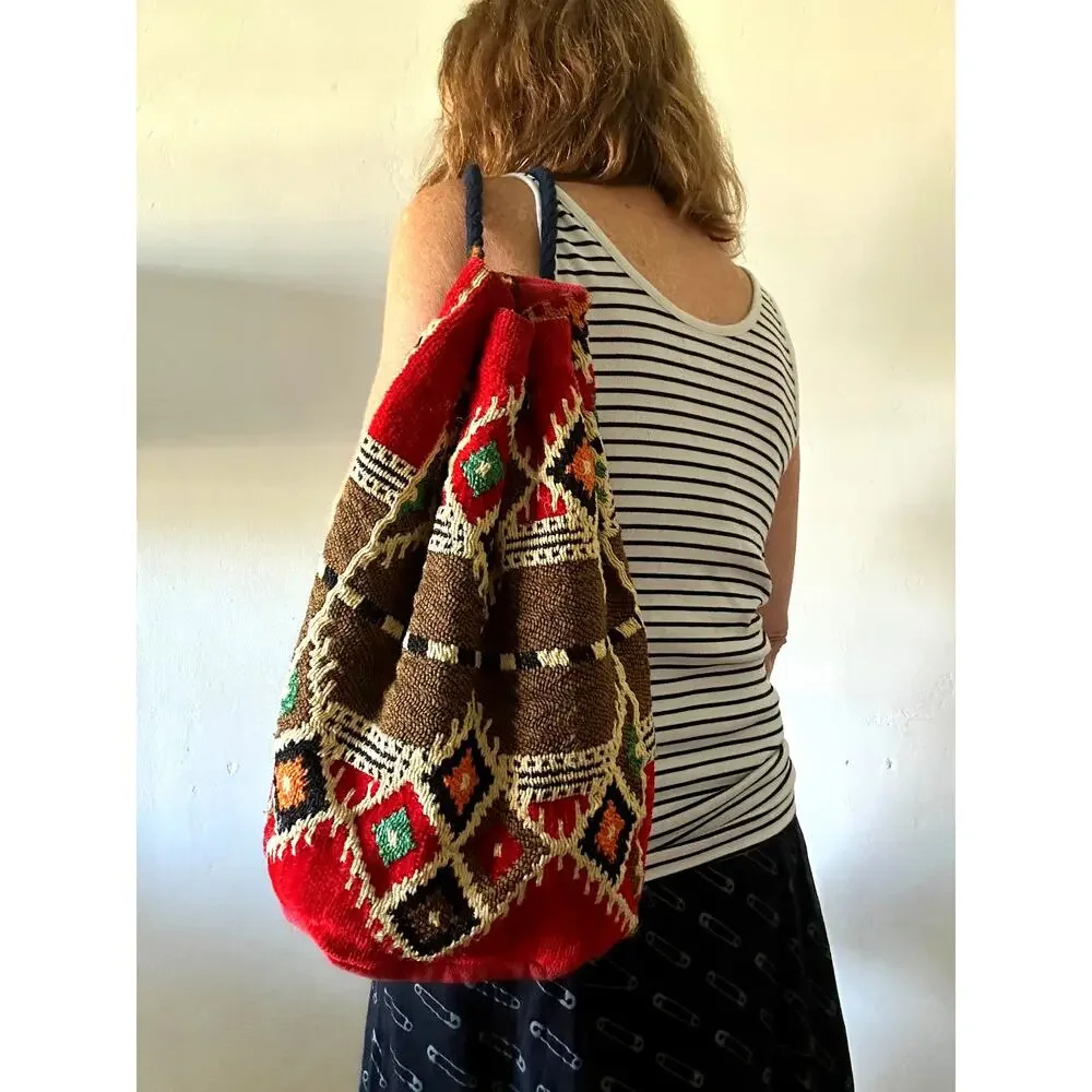 Vintage Kilim Tapestry Backpack Travel Bag Red Multicolor Drawstring Boho